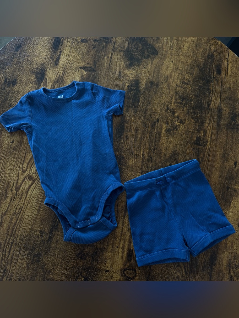 H&M Deep Blue Ribbed Baby Bodysuit & Shorts Set